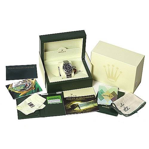 The image shows a Rolex Sea-Dweller 16600 Men's Stainless Steel Black Dial 16600 Men's Stainless Steel Black Dial watch in its original box, along with manuals, a cleaning cloth, and packaging.