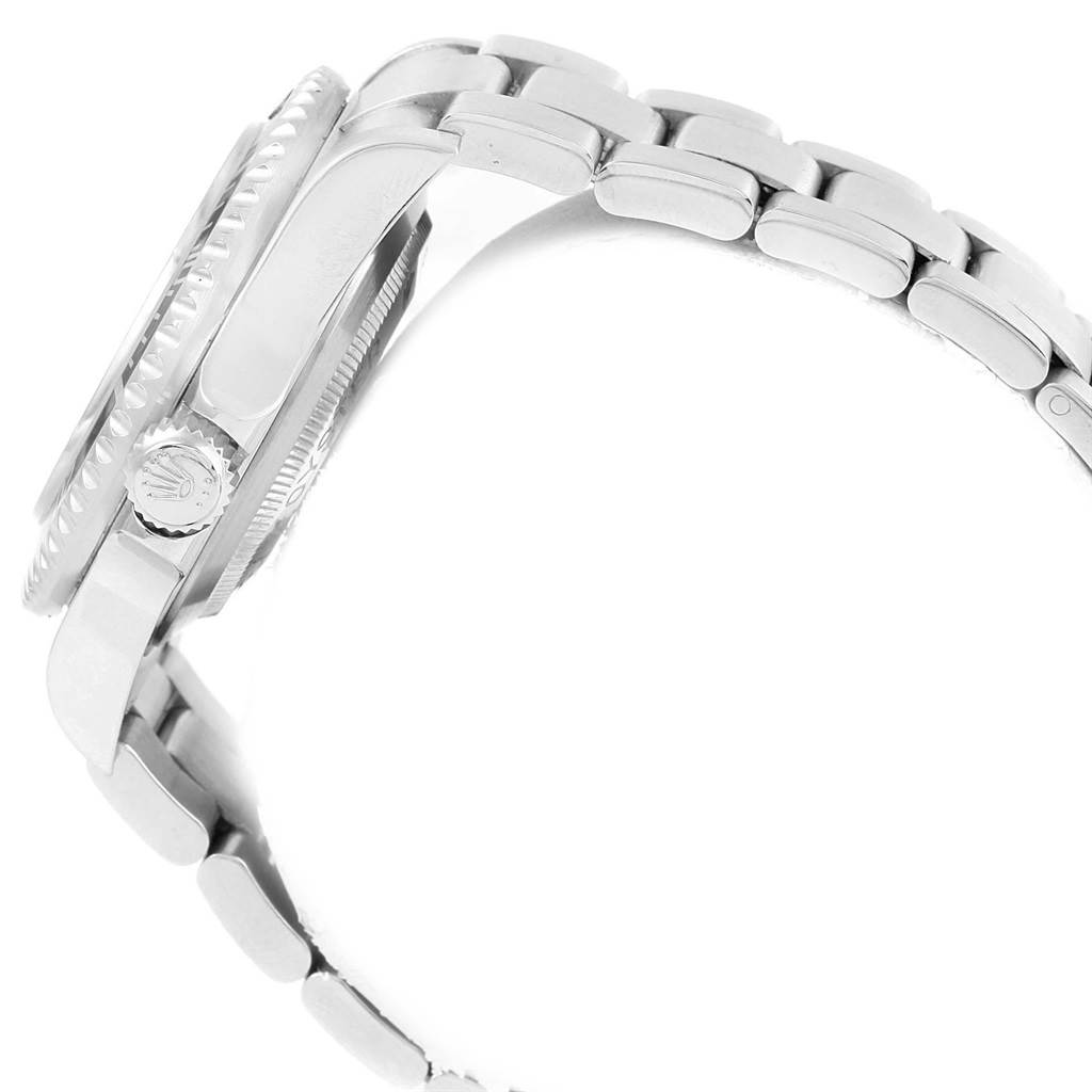 The image shows a side view of the Rolex Sea-Dweller 16600 Men
s Stainless Steel Black Dial 16600 Men
s Stainless Steel Black Dial watch focusing on the crown, bezel, and bracelet links.