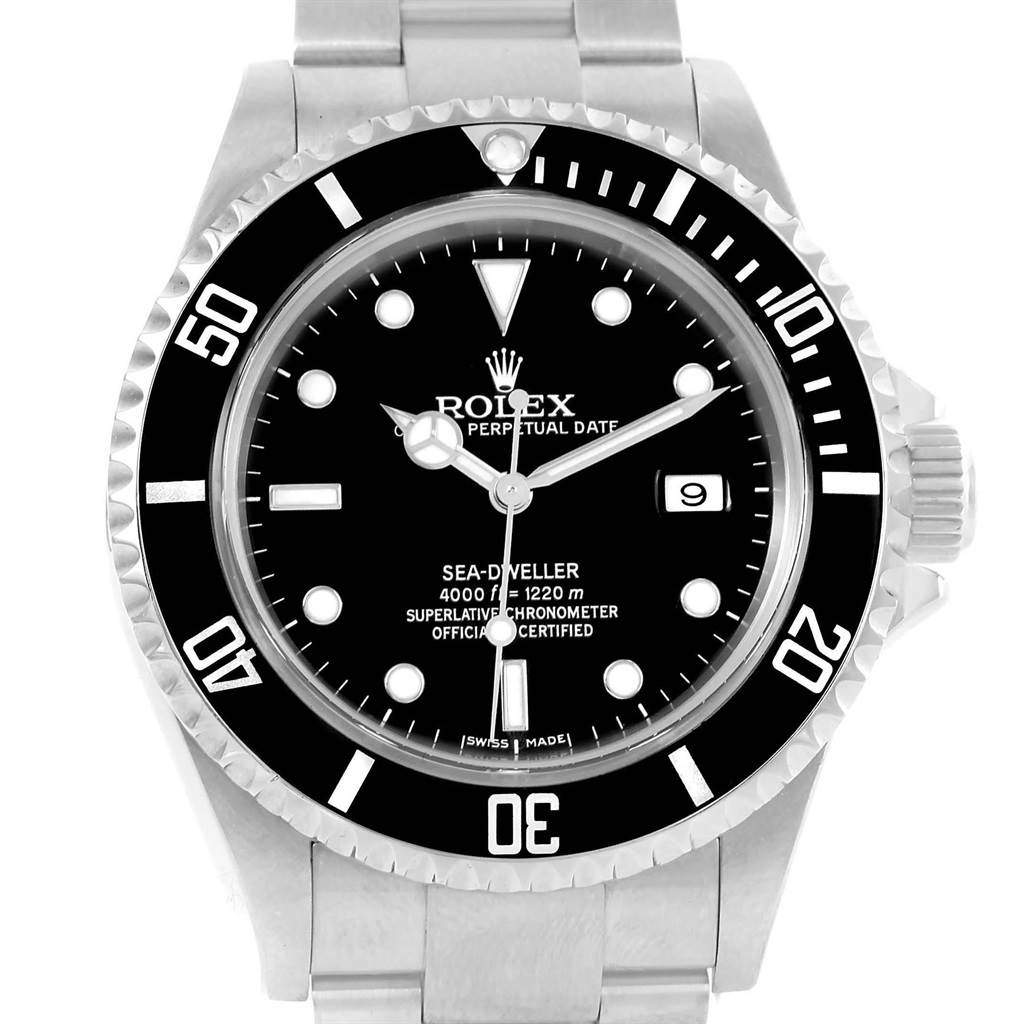 The image shows a frontal view of a Rolex Sea-Dweller 16600 Men
s Stainless Steel Black Dial 16600 Men
s Stainless Steel Black Dial watch, highlighting the dial, bezel, crown, and part of the bracelet.