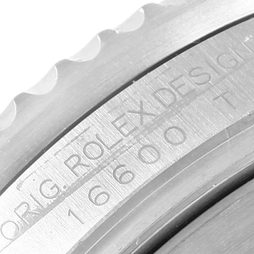 This close-up image shows the serial number area on the side of the Rolex Sea-Dweller 16600 Men
s Stainless Steel Black Dial 16600 Men
s Stainless Steel Black Dial watch
s casing.