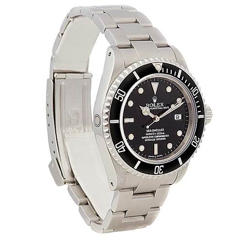 The Rolex Sea-Dweller 16600 Men's Stainless Steel Black Dial 16600 Men's Stainless Steel Black Dial watch is shown at an angle displaying the face, bezel, band, and crown.