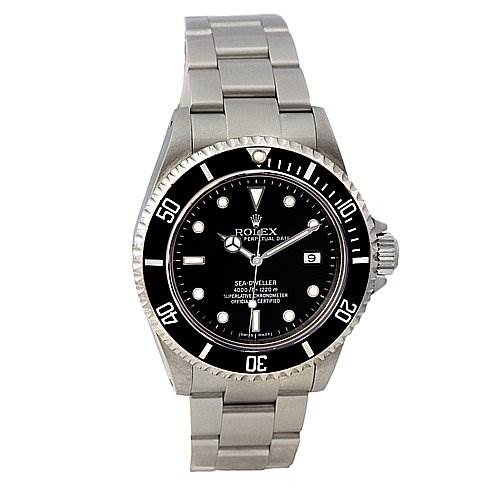 This image shows a front view of the Rolex Sea-Dweller 16600 Men's Stainless Steel Black Dial 16600 Men's Stainless Steel Black Dial watch, displaying its face, bezel, and stainless steel bracelet.