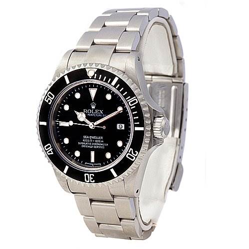 This image shows a Rolex Sea-Dweller 16600 Men's Stainless Steel Black Dial 16600 Men's Stainless Steel Black Dial watch from a front angle, highlighting its dial, bezel, bracelet, and clasp.