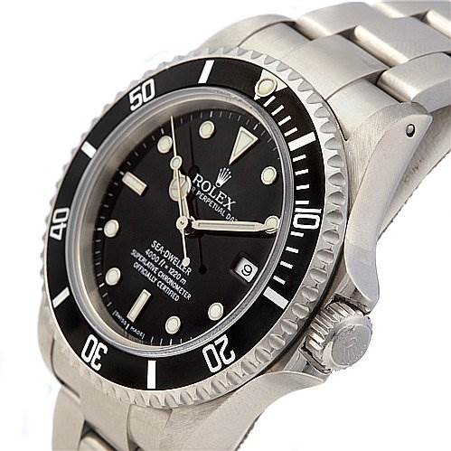 The Rolex Sea-Dweller 16600 Men's Stainless Steel Black Dial 16600 Men's Stainless Steel Black Dial watch is shown at a slight angle, revealing its face, date window, bezel, and part of the bracelet.