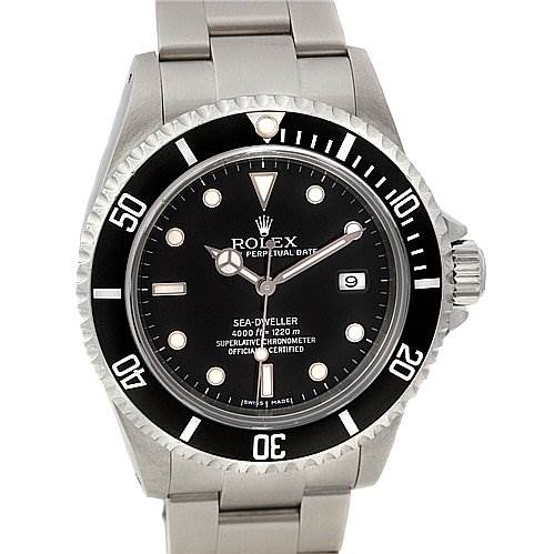 The image shows a frontal view of a Rolex Sea-Dweller 16600 Men's Stainless Steel Black Dial 16600 Men's Stainless Steel Black Dial watch, highlighting its bezel, dial, hands, and bracelet.