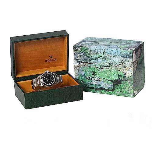 The image shows a Rolex Sea-Dweller 16600 Men's Stainless Steel Black Dial 16600 Men's Stainless Steel Black Dial watch in its open green and wood-tone box, with the outer green and gray box beside it.