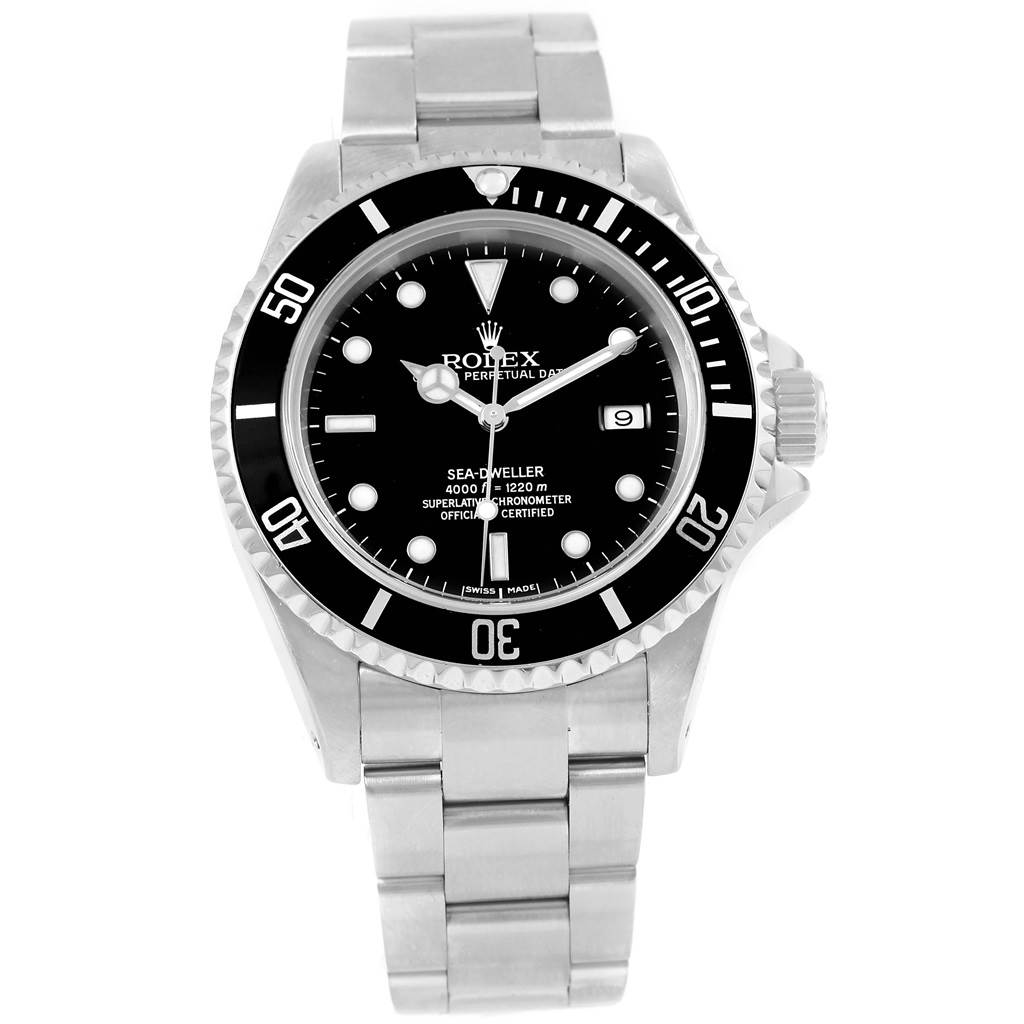 The image shows a front view of the Rolex Sea-Dweller 16600 Men
s Stainless Steel Black Dial 16600 Men
s Stainless Steel Black Dial watch, highlighting its face, bezel, and bracelet.