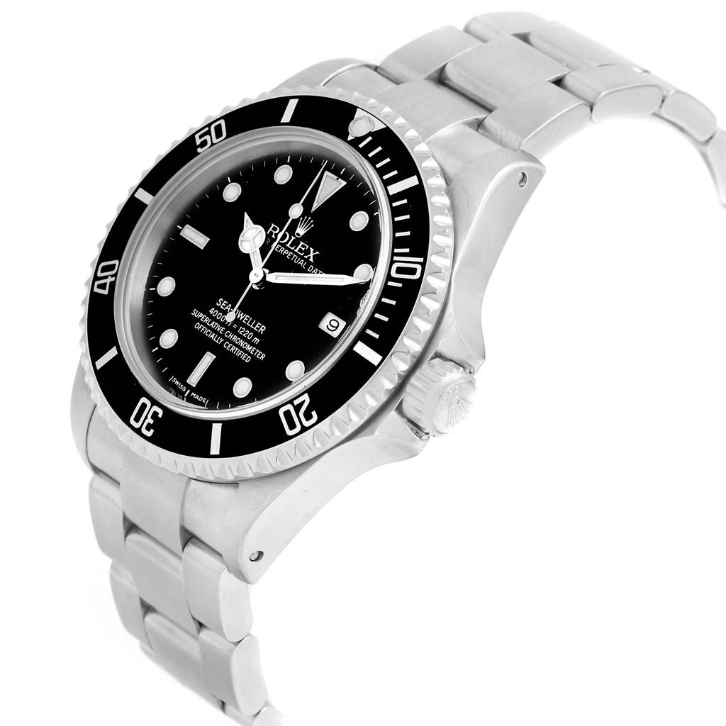 This Rolex Sea-Dweller 16600 Men
s Stainless Steel Black Dial 16600 Men
s Stainless Steel Black Dial watch is shown at a three-quarter angle, highlighting its dial, bezel, crown, and bracelet.