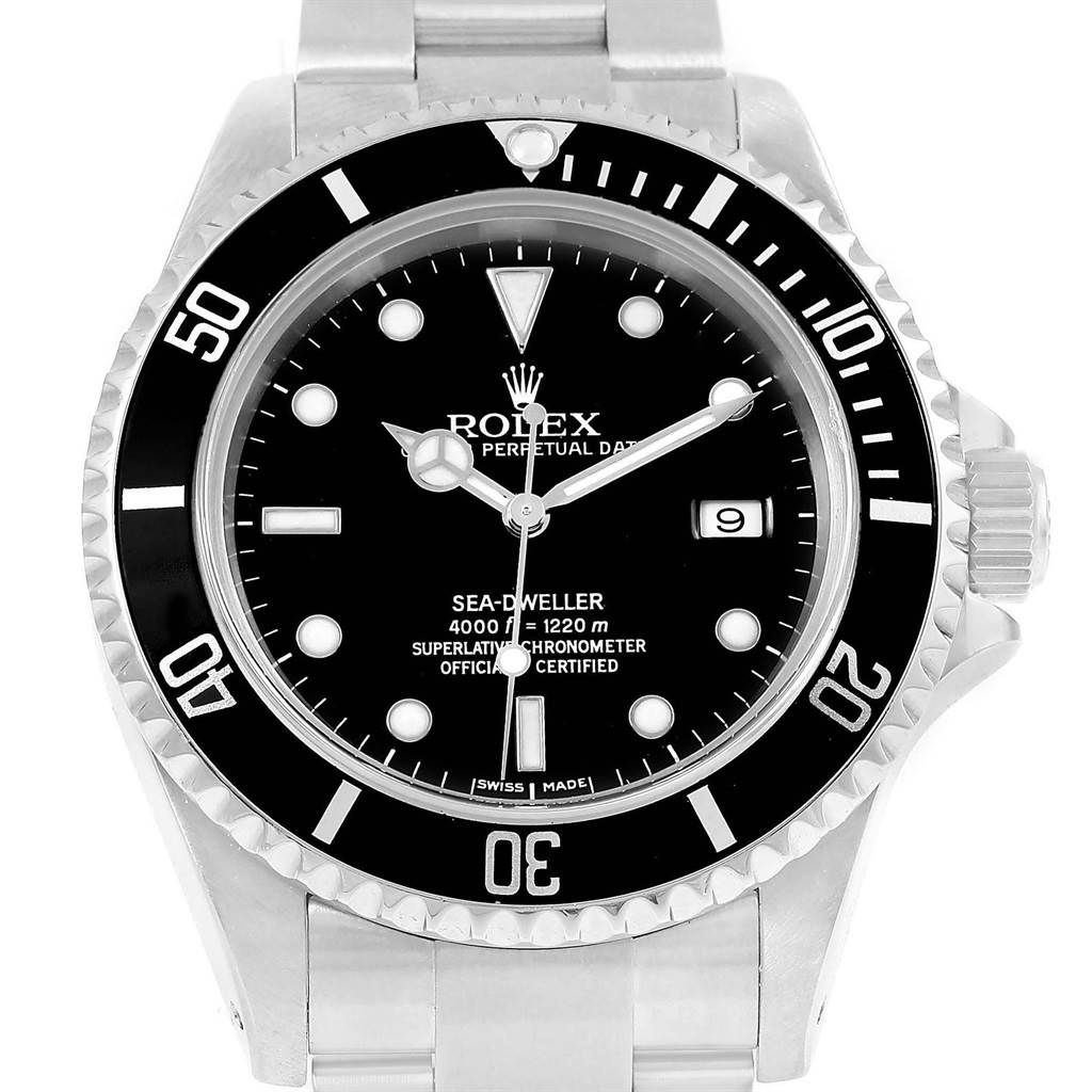 The image shows a frontal view of the Rolex Sea-Dweller 16600 Men
s Stainless Steel Black Dial 16600 Men
s Stainless Steel Black Dial watch, highlighting its black dial, bezel, and date window.