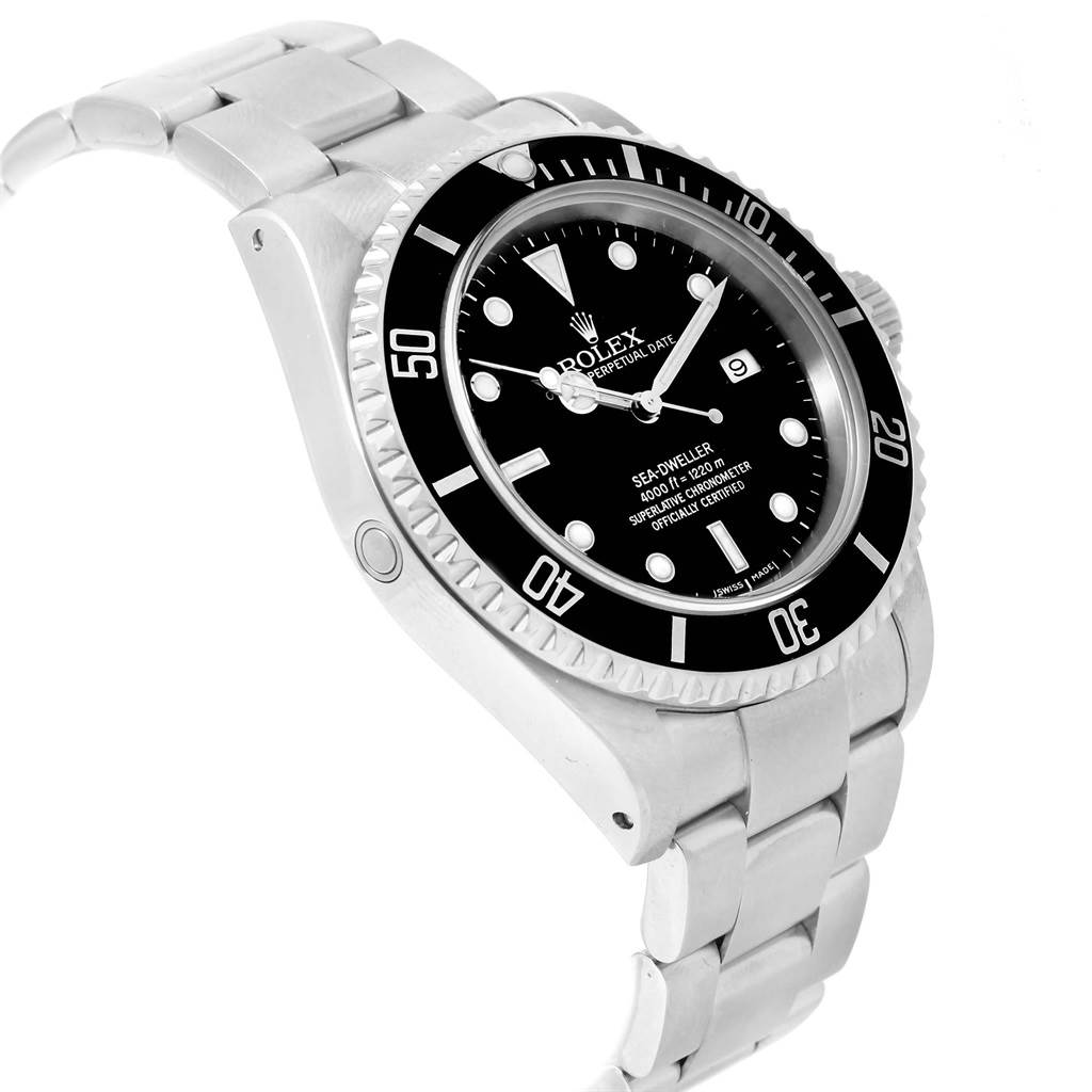 The image shows a side angle view of a Rolex Sea-Dweller 16600 Men
s Stainless Steel Black Dial 16600 Men
s Stainless Steel Black Dial watch, highlighting the bezel, dial, bracelet, and crown.
