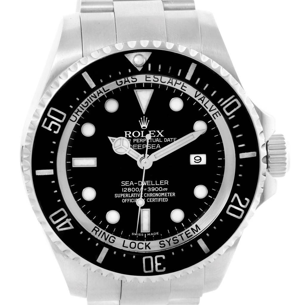 The image shows a front view of the Rolex Sea-Dweller 116660 Men's Stainless Steel Black Dial 116660 Men's Stainless Steel Black Dial, highlighting its dial, bezel, and part of the bracelet.