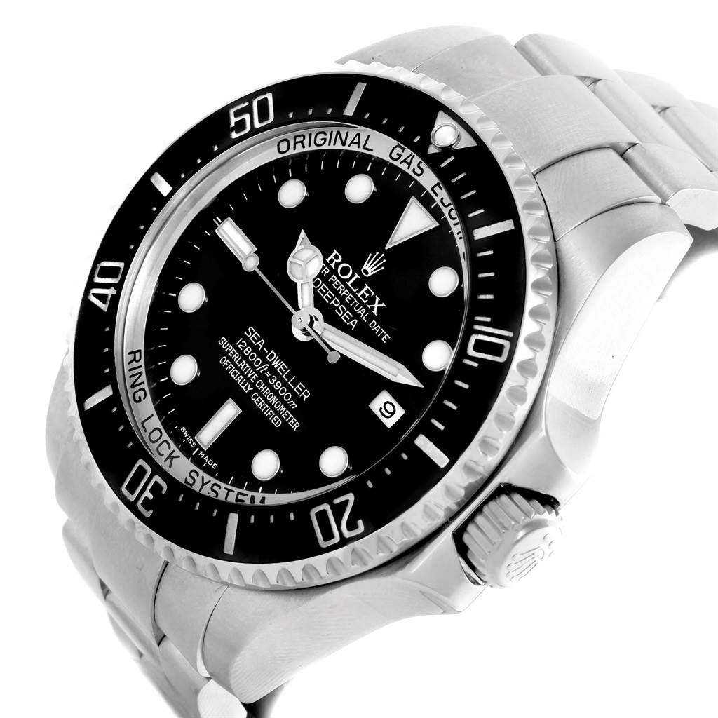 The image shows a Rolex Sea-Dweller 116660 Men's Stainless Steel Black Dial 116660 Men's Stainless Steel Black Dial watch from a slightly tilted angle, highlighting its face, bezel, crown, and bracelet.