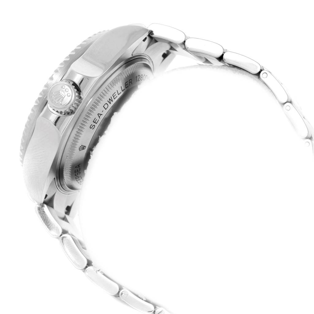 The image shows a side view of a Rolex Sea-Dweller 116660 Men's Stainless Steel Black Dial 116660 Men's Stainless Steel Black Dial watch, highlighting the crown, case back, and part of the bracelet.