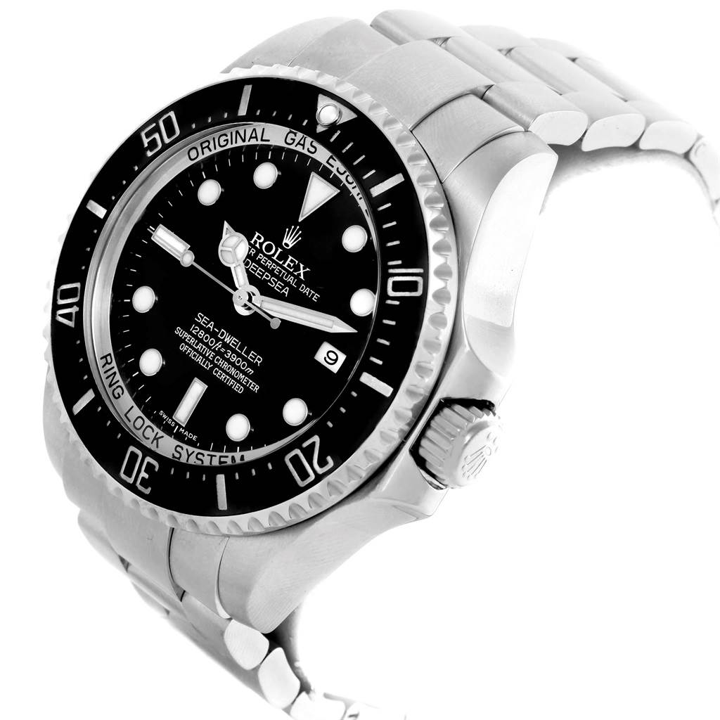 The Rolex Sea-Dweller 116660 Men's Stainless Steel Black Dial 116660 Men's Stainless Steel Black Dial watch is shown at a three-quarter angle, capturing the face, bezel, crown, and part of the bracelet.