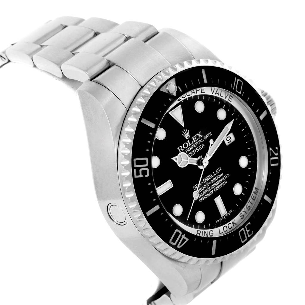 The image shows a side and front angle of the Rolex Sea-Dweller 116660 Men's Stainless Steel Black Dial 116660 Men's Stainless Steel Black Dial watch displaying its dial, bezel, and part of the bracelet.