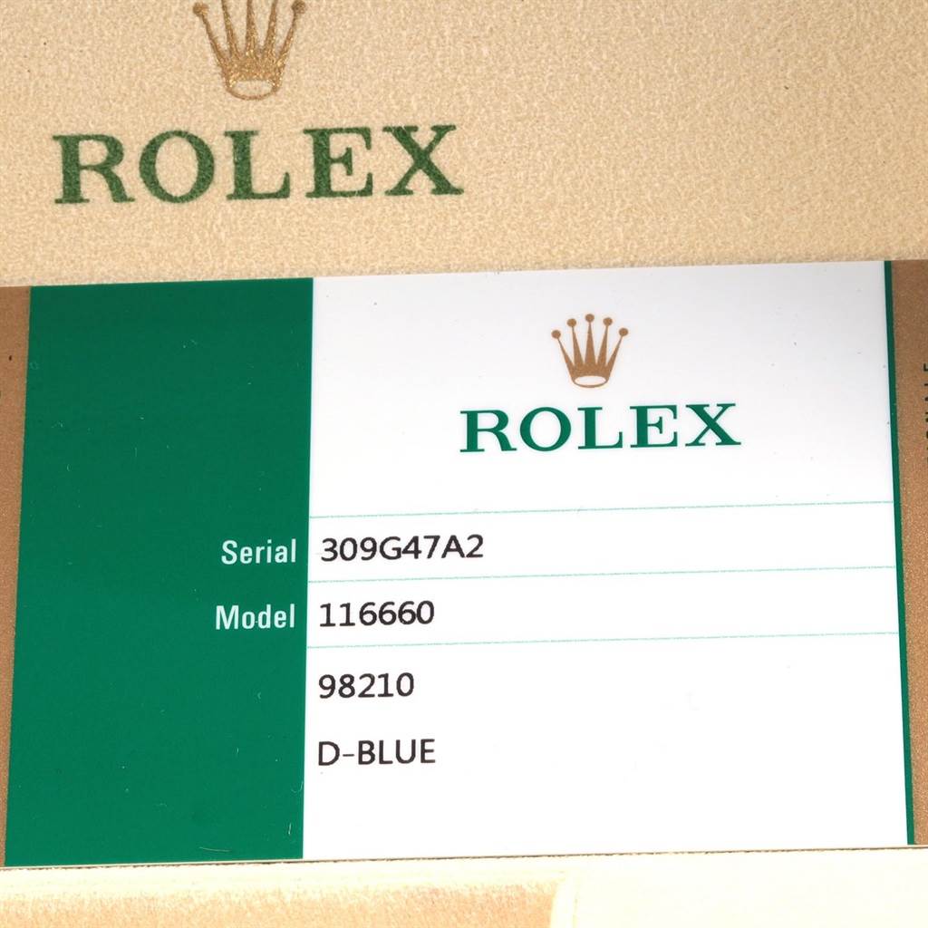 This image shows the serial and model number card for the Rolex Sea-Dweller 116660 Men's Stainless Steel Blue Dial 116660 Men's Stainless Steel Blue Dial model, along with the brand's logo.