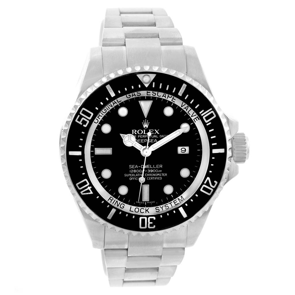 This image shows a face-on view of a Rolex Sea-Dweller 116660 Men
s Stainless Steel Black Dial 116660 Men
s Stainless Steel Black Dial watch, highlighting the dial, bezel, and bracelet.