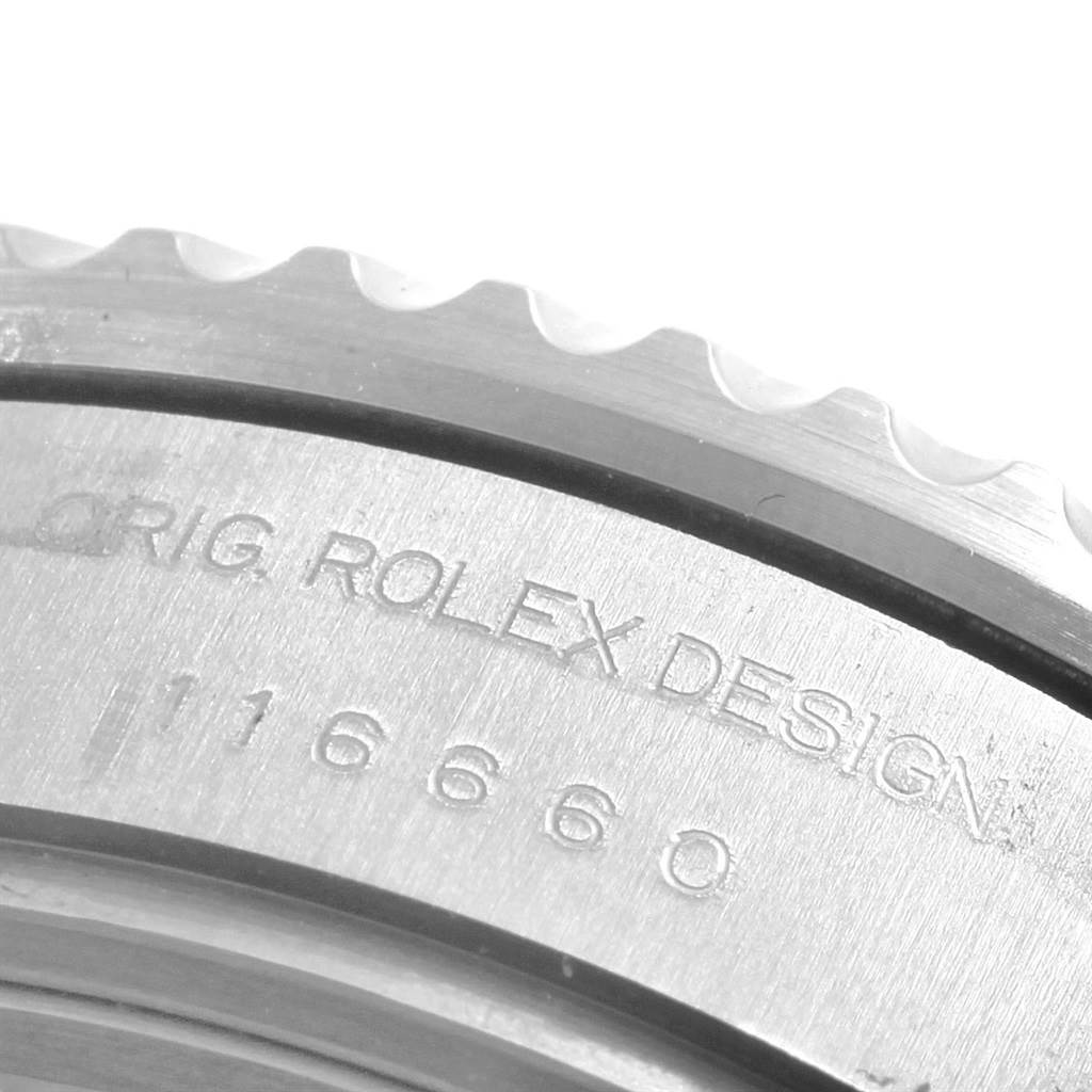 The image shows a close-up shot of the bezel and serial number engraving on a Rolex Sea-Dweller 116660 Men
s Stainless Steel Black Dial 116660 Men
s Stainless Steel Black Dial watch.