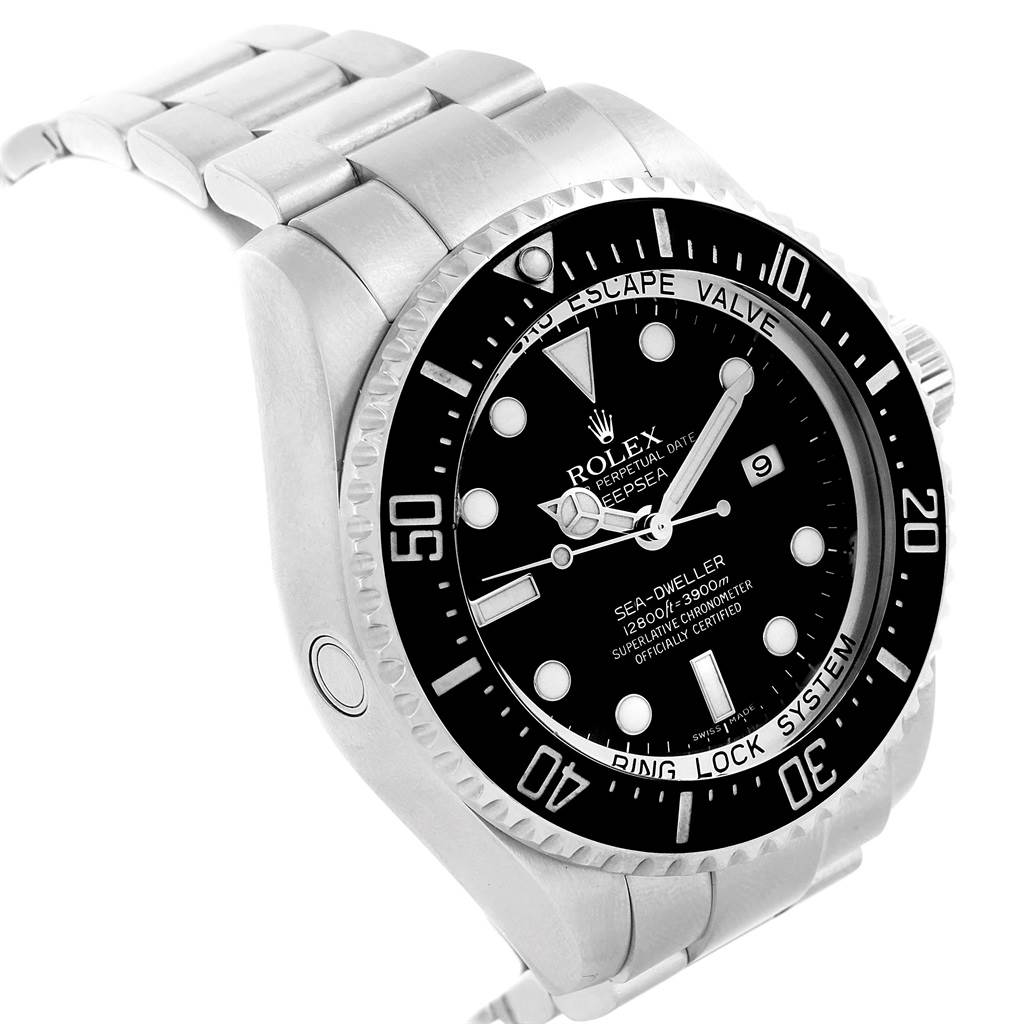 This image shows a Rolex Sea-Dweller 116660 Men
s Stainless Steel Black Dial 116660 Men
s Stainless Steel Black Dial watch at a slight angle, displaying the face, bezel, crown, and part of the bracelet.
