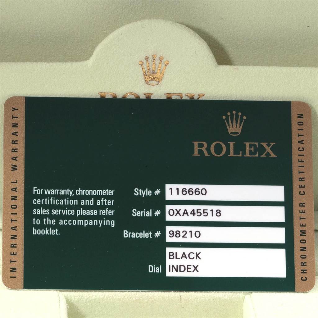 The image shows a warranty card for the Rolex Sea-Dweller 116660 Men
s Stainless Steel Black Dial 116660 Men
s Stainless Steel Black Dial model, detailing the style number, serial number, bracelet number, and dial description.