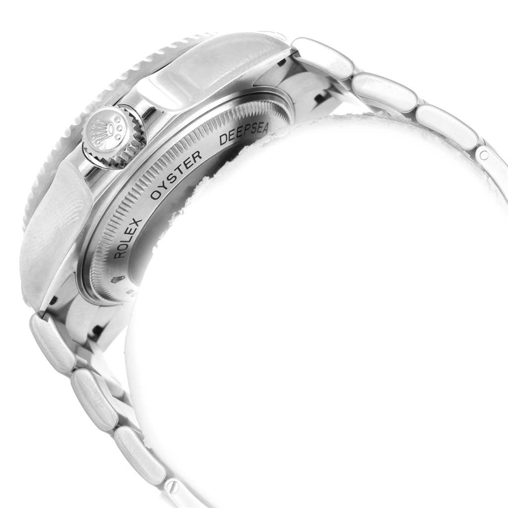 The image shows a side view of the Rolex Sea-Dweller 116660 Men
s Stainless Steel Black Dial 116660 Men
s Stainless Steel Black Dial watch, highlighting the crown and part of the bezel and bracelet.