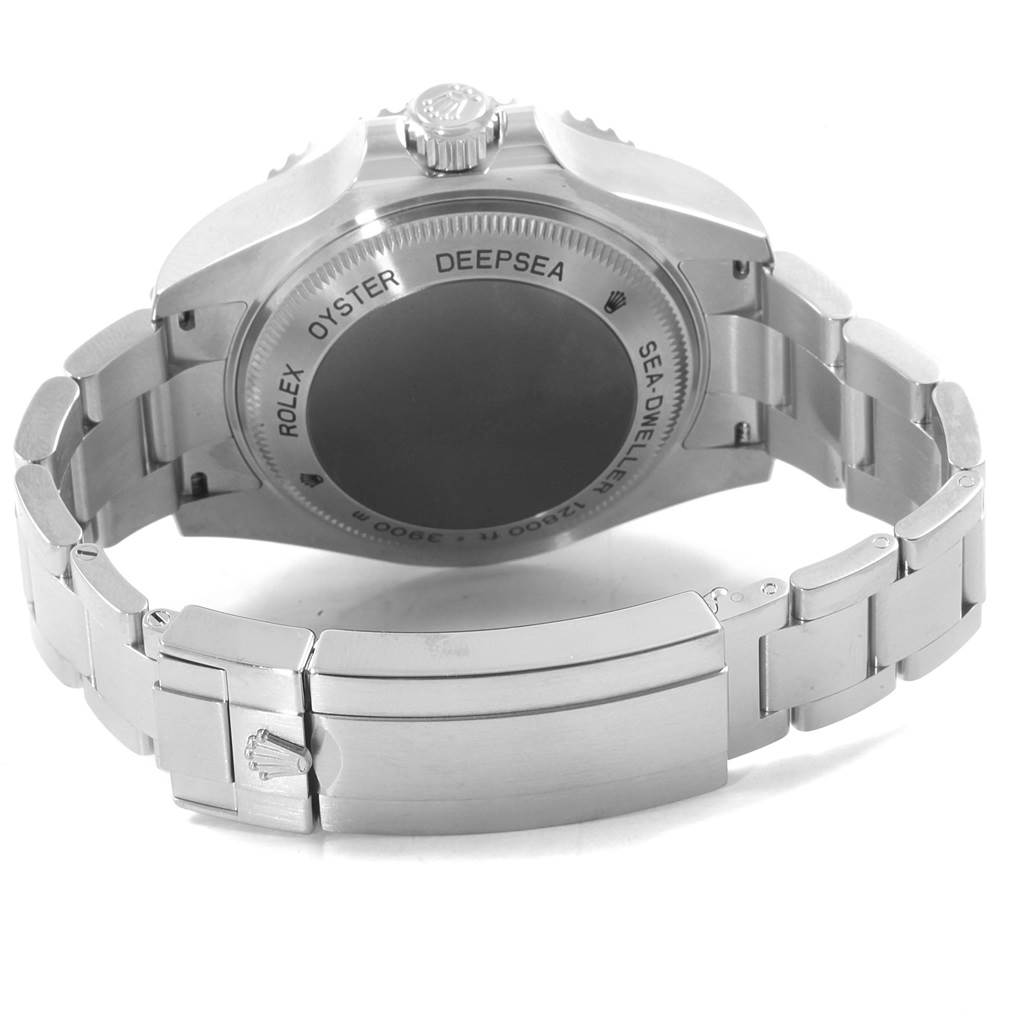 This image shows the back of the Rolex Sea-Dweller 116660 Men's Stainless Steel Blue Dial 116660 Men's Stainless Steel Blue Dial watch, including the case back, crown, and bracelet clasp.