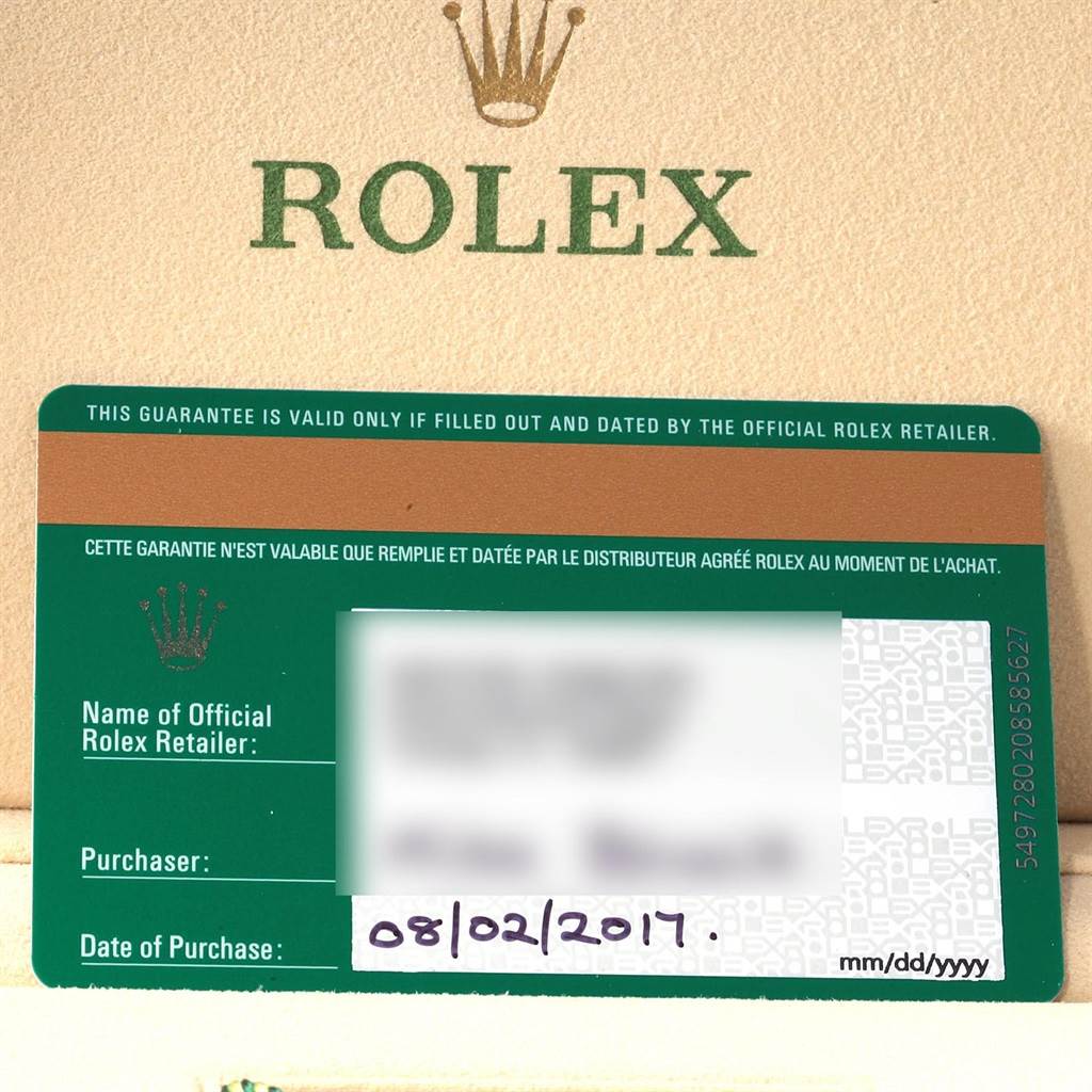 The image shows a warranty card for a Rolex Sea-Dweller 116660 Men's Stainless Steel Blue Dial 116660 Men's Stainless Steel Blue Dial watch, featuring the brand's logo and purchase details.