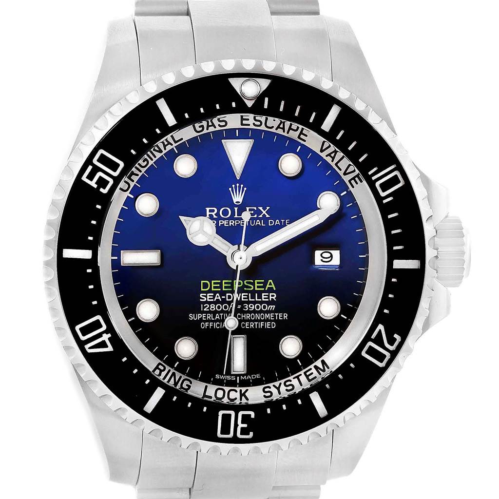 This image shows a frontal view of the Rolex Sea-Dweller 116660 Men's Stainless Steel Blue Dial 116660 Men's Stainless Steel Blue Dial watch, highlighting its bezel, dial, hands, and bracelet.