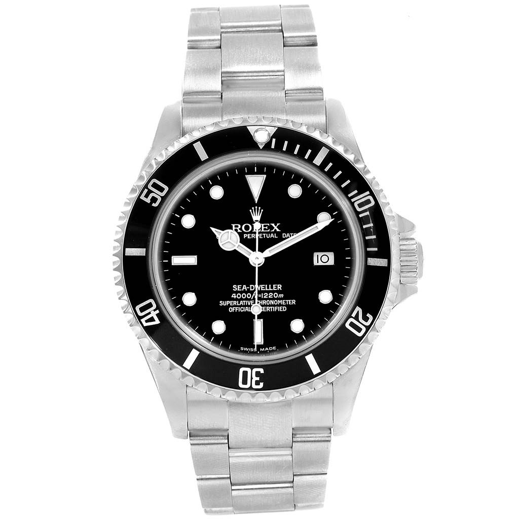 The image shows a front view of the Rolex Sea-Dweller 16600 Men
s Stainless Steel Black Dial 16600 Men
s Stainless Steel Black Dial watch, highlighting its black dial, date window, and stainless steel bracelet.