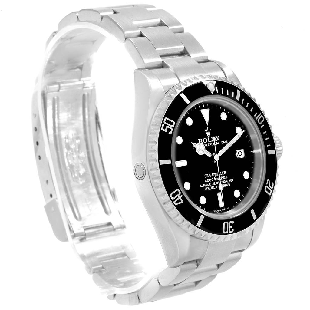 The Rolex Sea-Dweller 16600 Men
s Stainless Steel Black Dial 16600 Men
s Stainless Steel Black Dial watch is shown at a three-quarter angle, highlighting its bracelet, bezel, crown, and face.