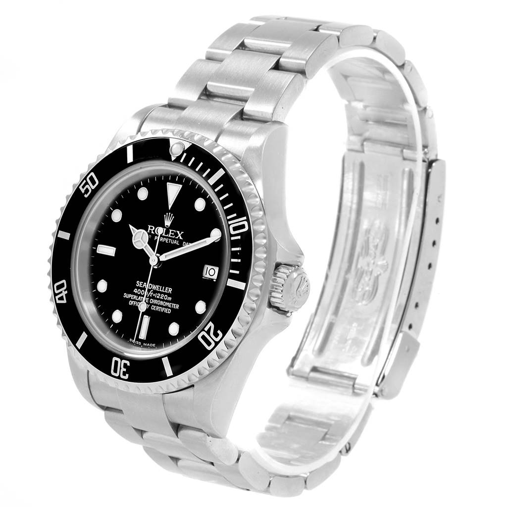 The Rolex Sea-Dweller 16600 Men
s Stainless Steel Black Dial 16600 Men
s Stainless Steel Black Dial watch is shown at a front-angle, highlighting the dial, bezel, crown, and stainless steel bracelet.
