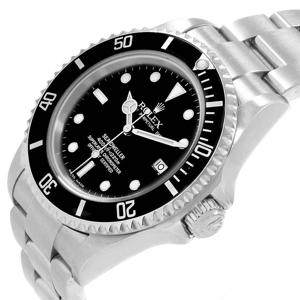 The image shows a Rolex Sea-Dweller 16600 Men
s Stainless Steel Black Dial 16600 Men
s Stainless Steel Black Dial watch from an angled top view, highlighting the face, bezel, crown, and part of the bracelet.