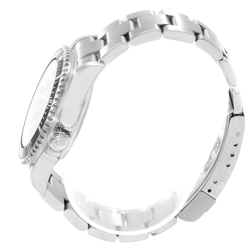 The image shows a side view of the Rolex Sea-Dweller 16600 Men
s Stainless Steel Black Dial 16600 Men
s Stainless Steel Black Dial watch, highlighting its bracelet, clasp, and crown.