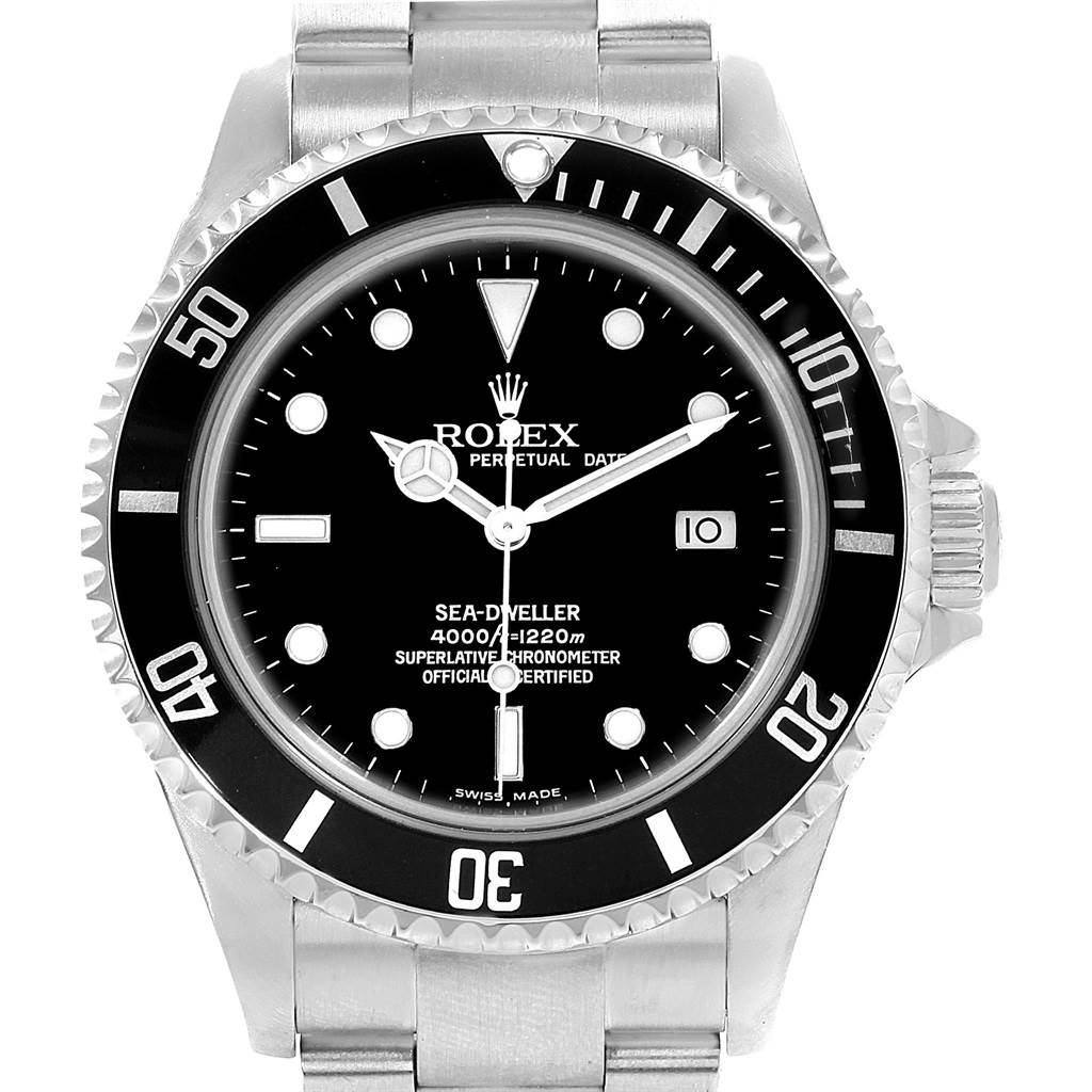 The image shows a frontal view of a Rolex Sea-Dweller 16600 Men
s Stainless Steel Black Dial 16600 Men
s Stainless Steel Black Dial watch, highlighting the face, bezel, and part of the metal bracelet.