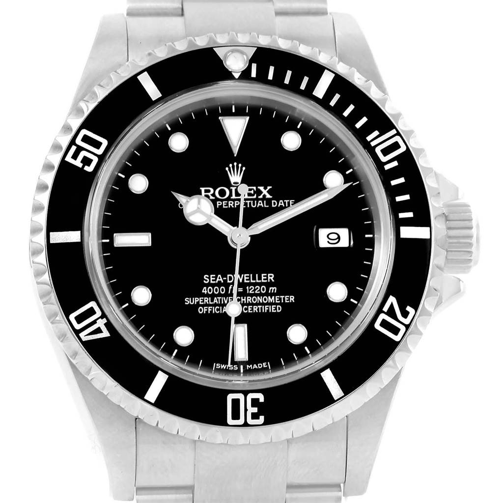 The Rolex Sea-Dweller 16600 Men
s Stainless Steel Black Dial 16600 Men
s Stainless Steel Black Dial watch is shown from a front angle, displaying its face, bezel, and part of the bracelet.