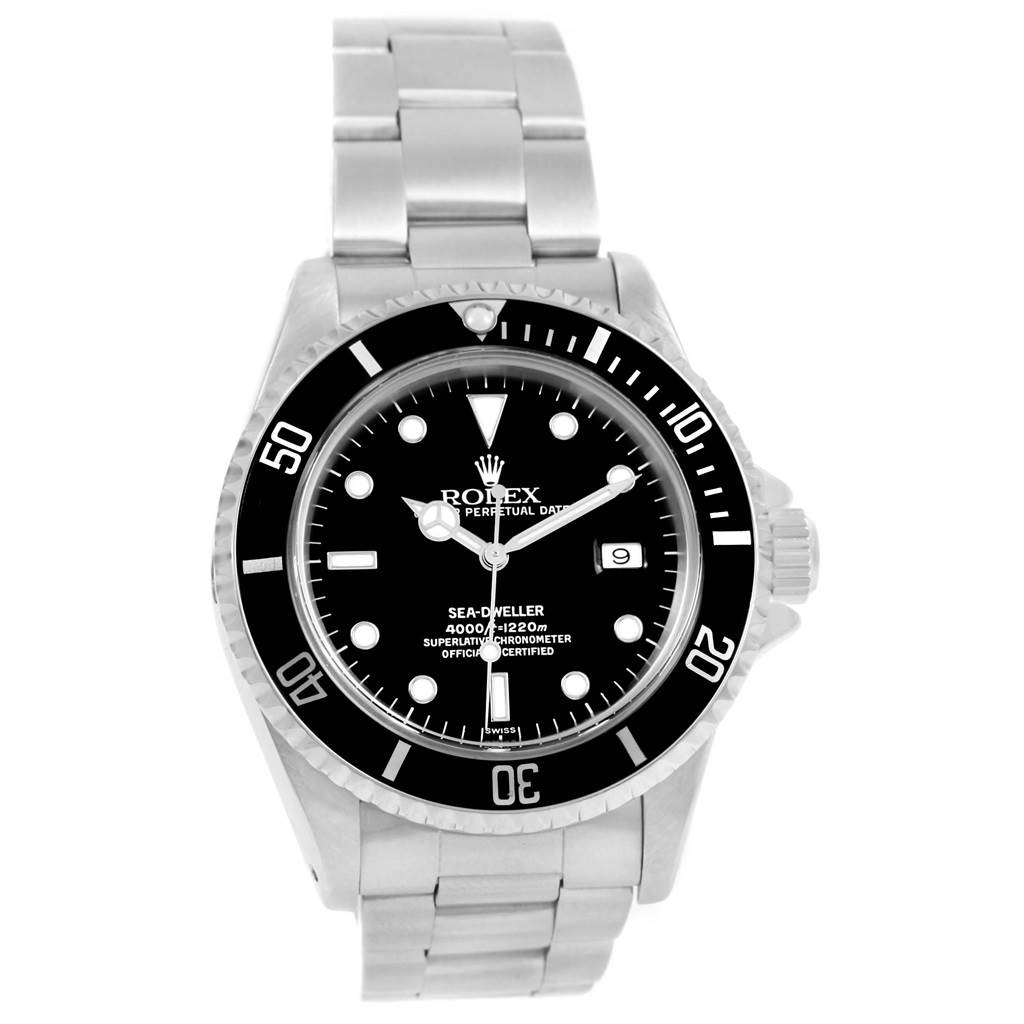 The image shows a front view of a Rolex Sea-Dweller 16600 Men
s Stainless Steel Black Dial 16600 Men
s Stainless Steel Black Dial watch, highlighting the dial, bezel, bracelet, and date window.