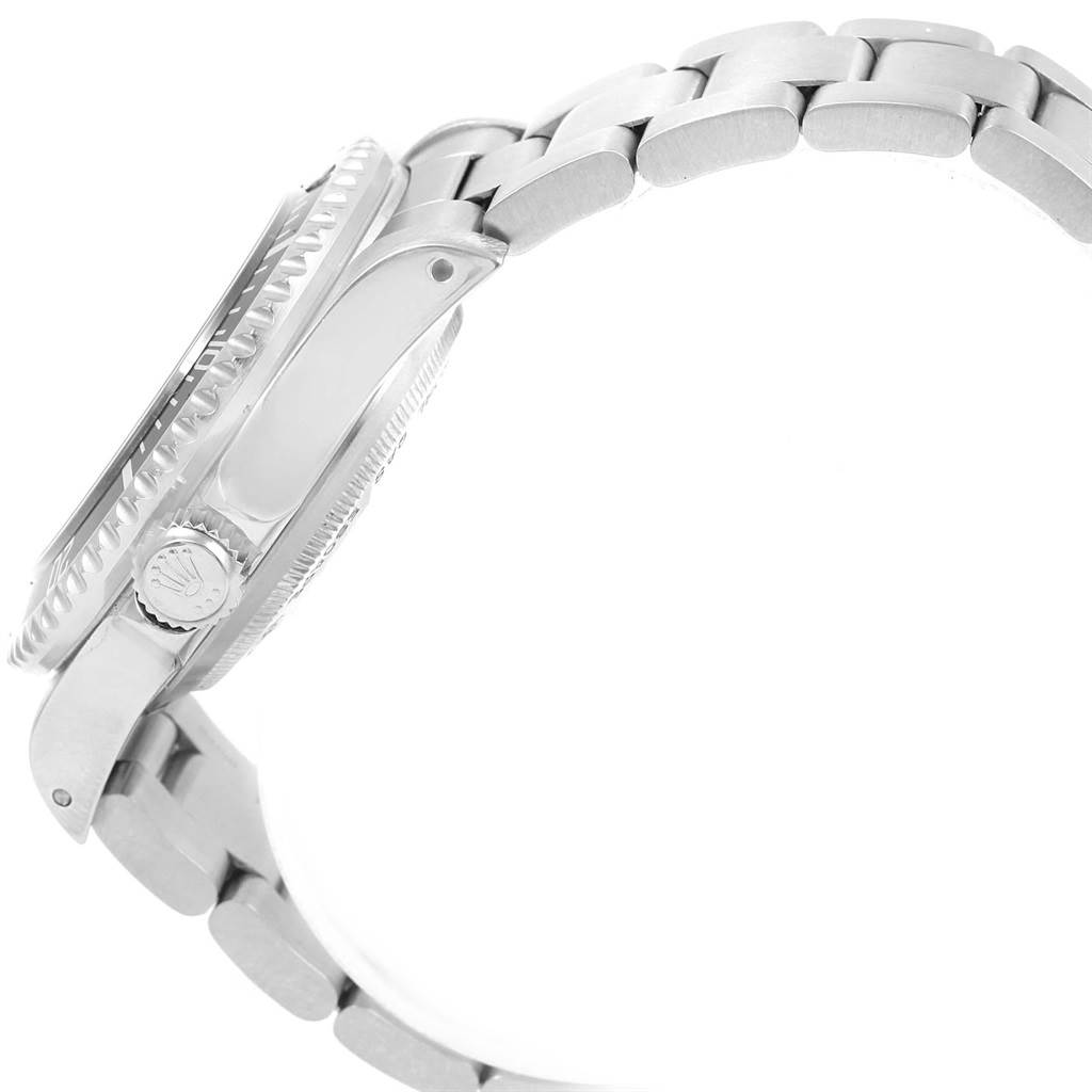 This image shows a side view of the Rolex Sea-Dweller 16600 Men
s Stainless Steel Black Dial 16600 Men
s Stainless Steel Black Dial watch, highlighting the crown, case, and part of the bracelet.