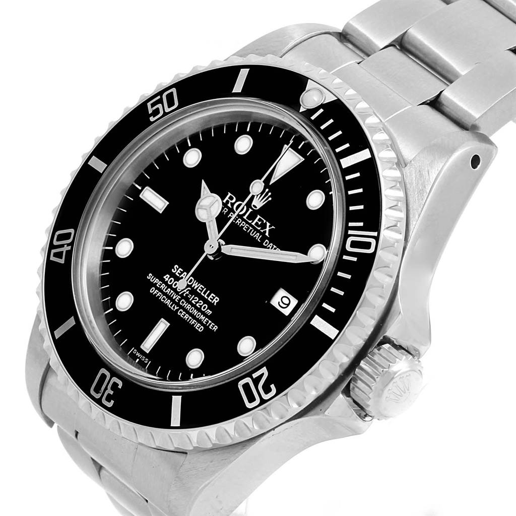 The Rolex Sea-Dweller 16600 Men
s Stainless Steel Black Dial 16600 Men
s Stainless Steel Black Dial watch is shown at an angle displaying the face, bezel, crown, and part of the metal bracelet.