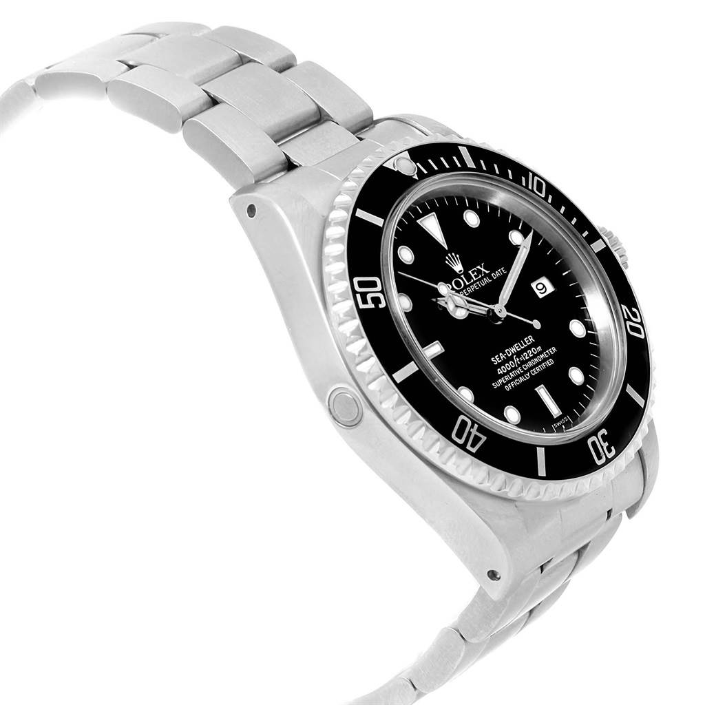 The image shows a side-angle view of the Rolex Sea-Dweller 16600 Men
s Stainless Steel Black Dial 16600 Men
s Stainless Steel Black Dial watch, highlighting its bezel, face, and metal bracelet.
