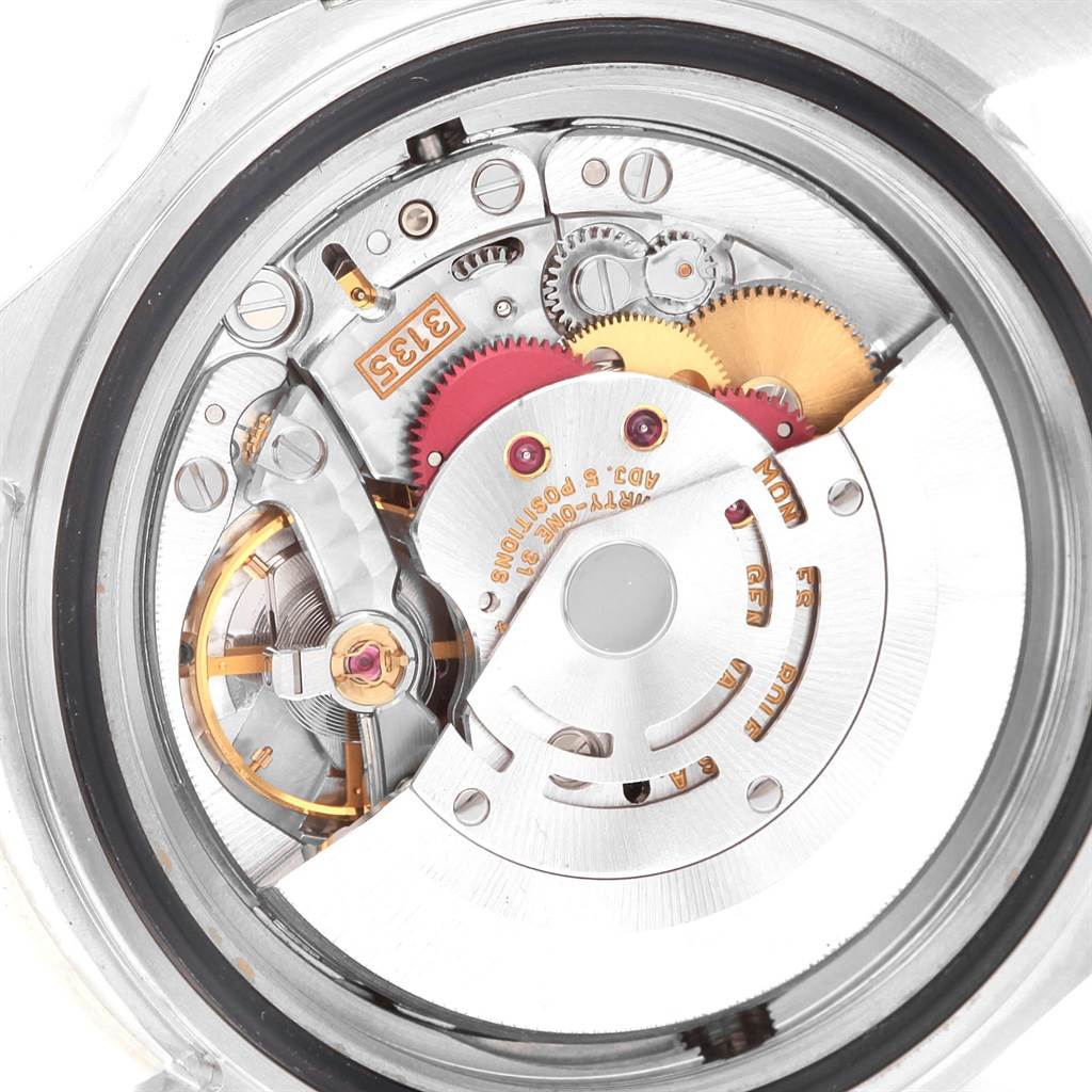 This image shows a close-up view of the movement mechanism inside the Rolex Sea-Dweller 16600 Men
s Stainless Steel Black Dial 16600 Men
s Stainless Steel Black Dial watch.