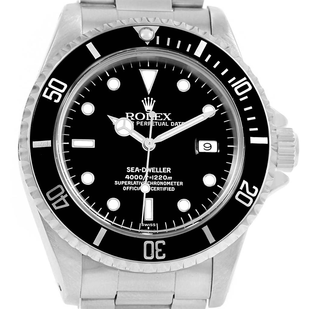 The image shows a front view of a Rolex Sea-Dweller 16600 Men
s Stainless Steel Black Dial 16600 Men
s Stainless Steel Black Dial watch, highlighting the bezel, dial, hands, and date window.