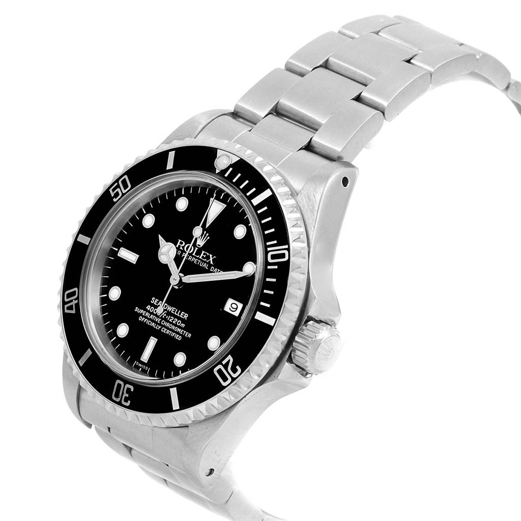 The image shows a Rolex Sea-Dweller 16600 Men
s Stainless Steel Black Dial 16600 Men
s Stainless Steel Black Dial watch from an angled side view, highlighting the watch face, bezel, and a portion of the bracelet.