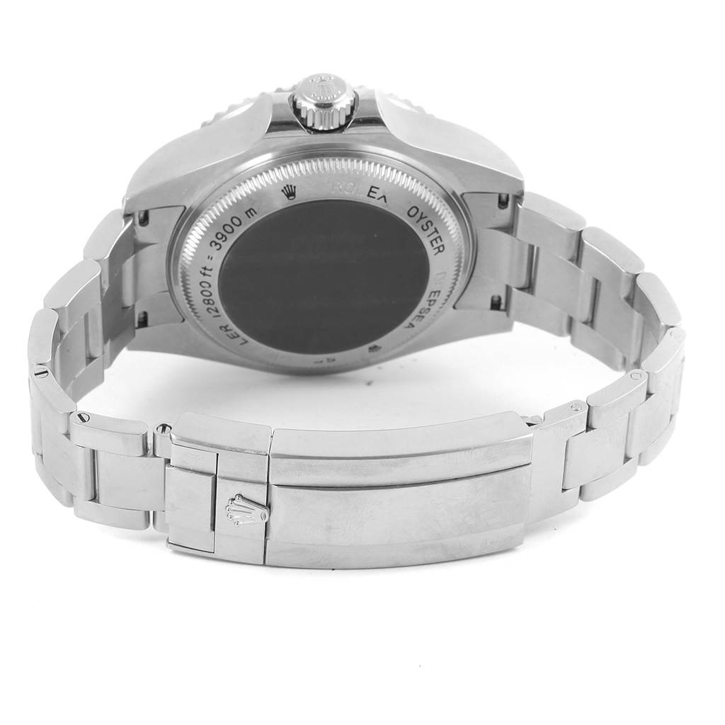 The image shows the back view of the Rolex Sea-Dweller 116660 Men's Stainless Steel Blue Dial 116660 Men's Stainless Steel Blue Dial watch, highlighting its case back, crown, and bracelet with clasp.