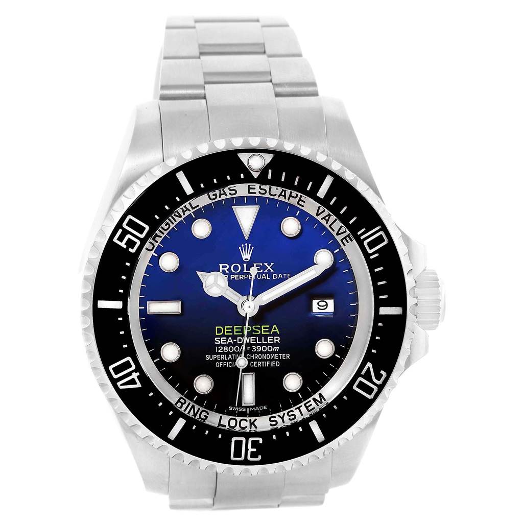 The Rolex Sea-Dweller 116660 Men
s Stainless Steel Blue Dial 116660 Men
s Stainless Steel Blue Dial watch is shown from the front, displaying its dial, bezel, bracelet, and crown.