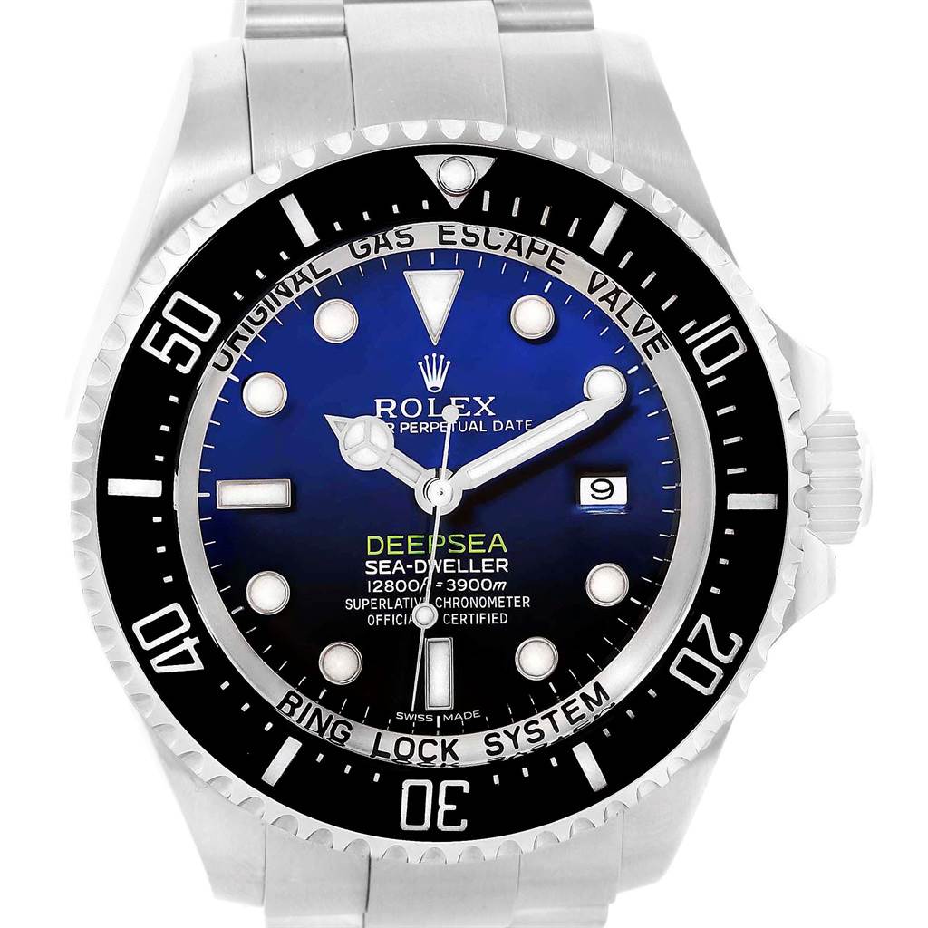 The image shows a front view of the Rolex Sea-Dweller 116660 Men
s Stainless Steel Blue Dial 116660 Men
s Stainless Steel Blue Dial Deepsea watch, highlighting the dial, bezel, and bracelet.
