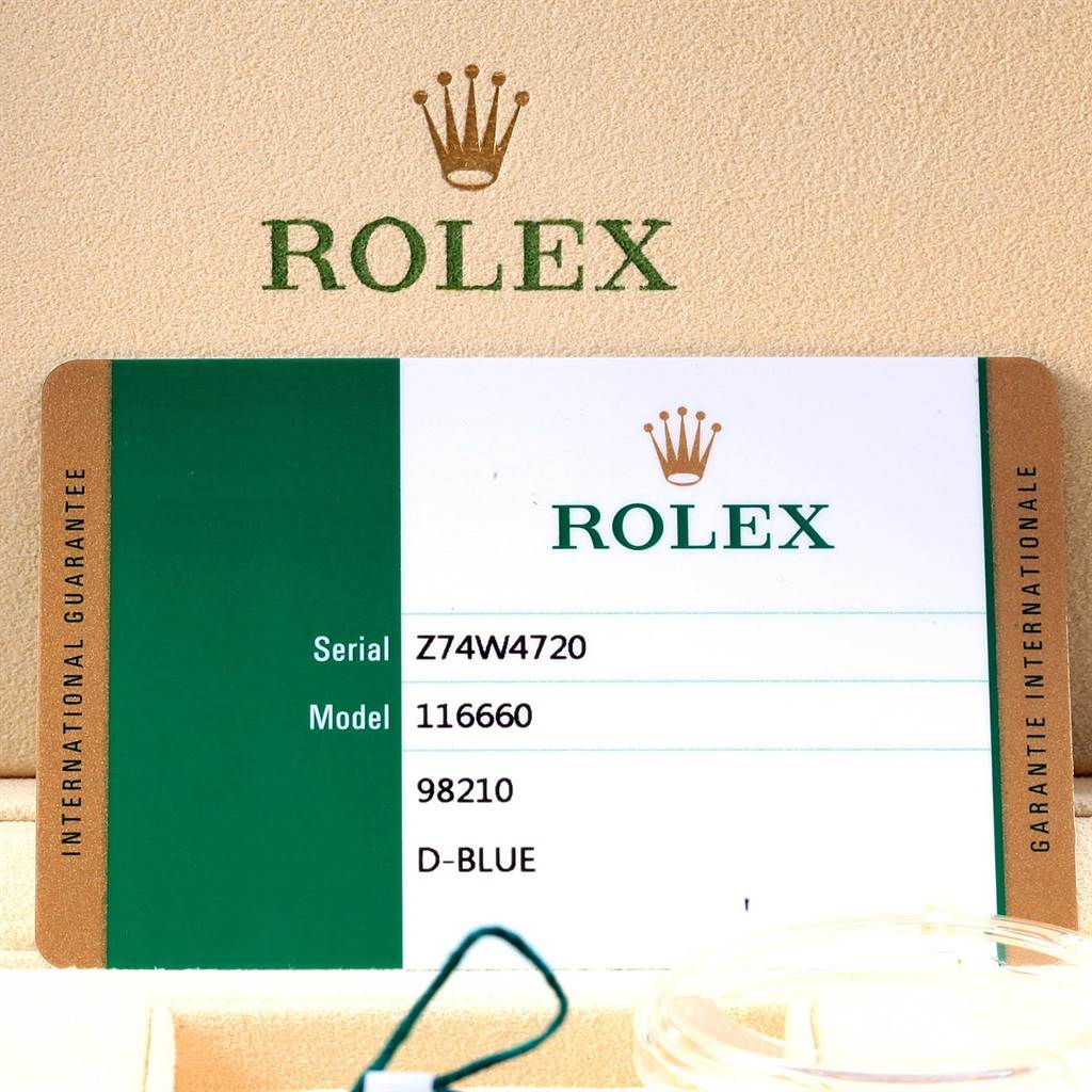 The image shows the international guarantee card for the Rolex Sea-Dweller 116660 Men
s Stainless Steel Blue Dial 116660 Men
s Stainless Steel Blue Dial model 116660, Serial Z74W4720.