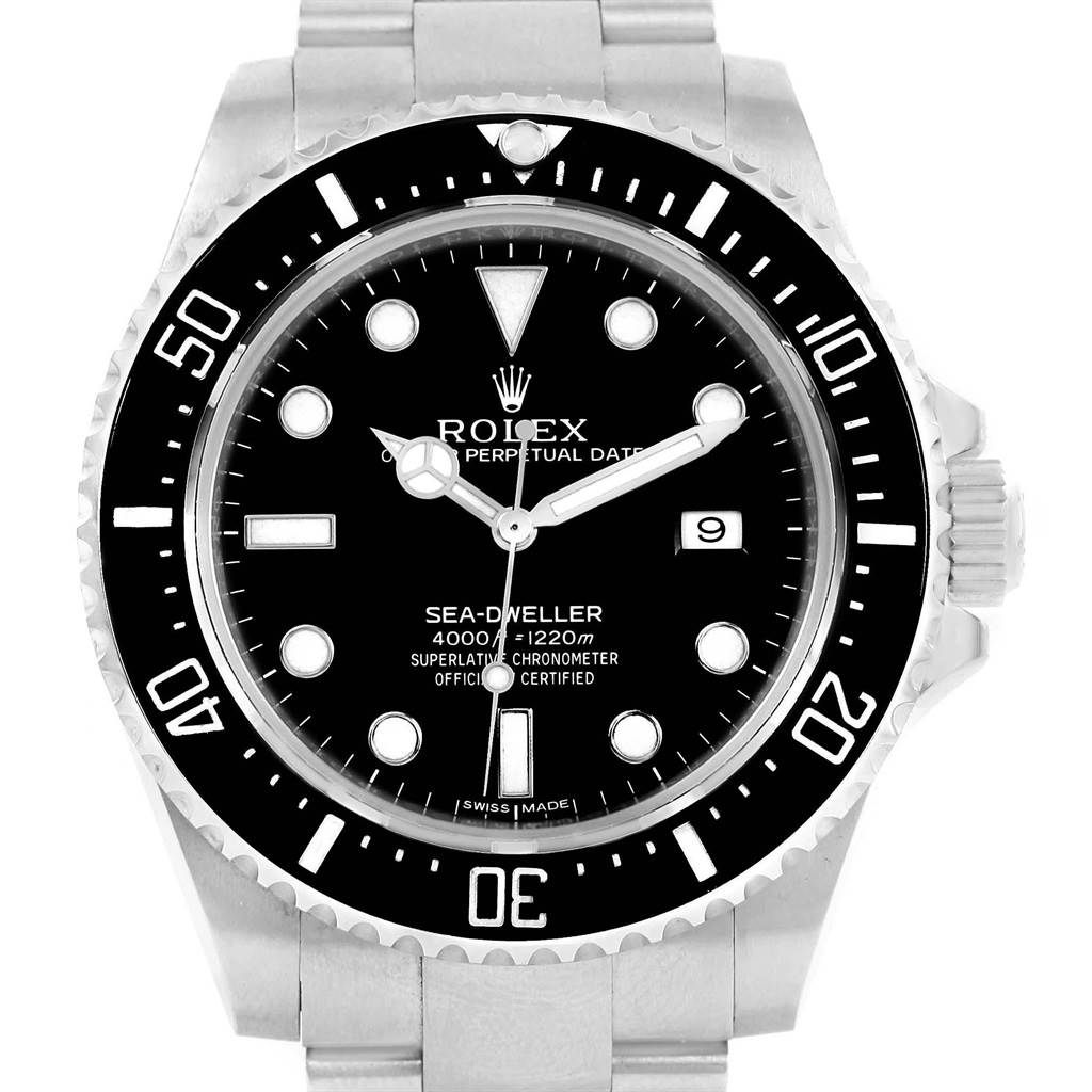The image shows a front view of the Rolex Sea-Dweller 116600 Men
s Stainless Steel Black Dial 116600 Men
s Stainless Steel Black Dial watch, highlighting its bezel, dial, and bracelet.