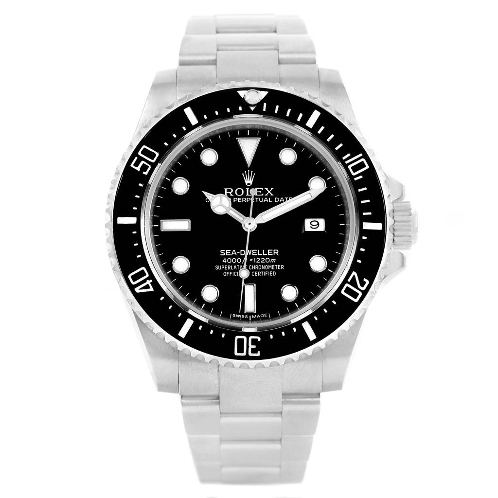 This image shows a front-facing view of a Rolex Sea-Dweller 116600 Men
s Stainless Steel Black Dial 116600 Men
s Stainless Steel Black Dial watch, highlighting its black dial, bezel, and stainless steel bracelet.