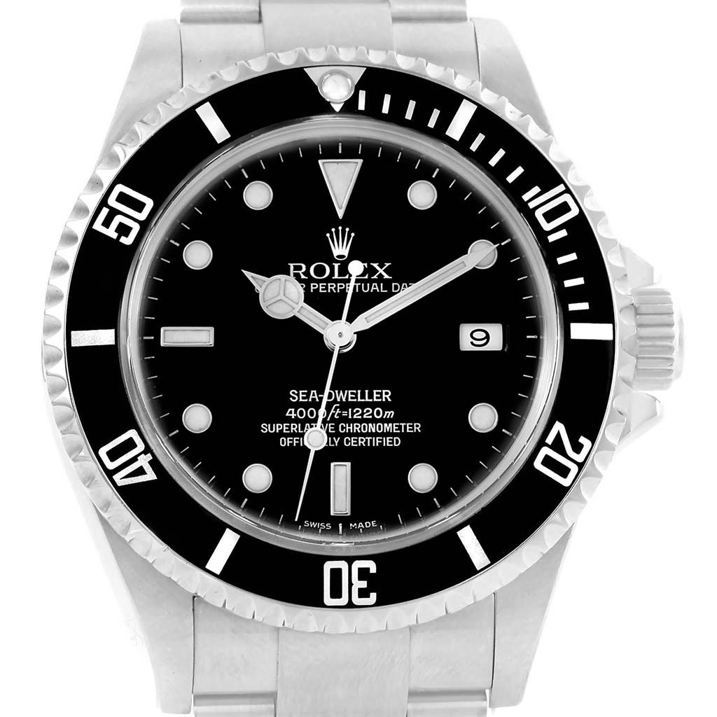 The image shows a front-facing view of the Rolex Sea-Dweller 16600 Men
s Stainless Steel Black Dial 16600 Men
s Stainless Steel Black Dial watch, displaying its black dial, bezel, and stainless steel bracelet.