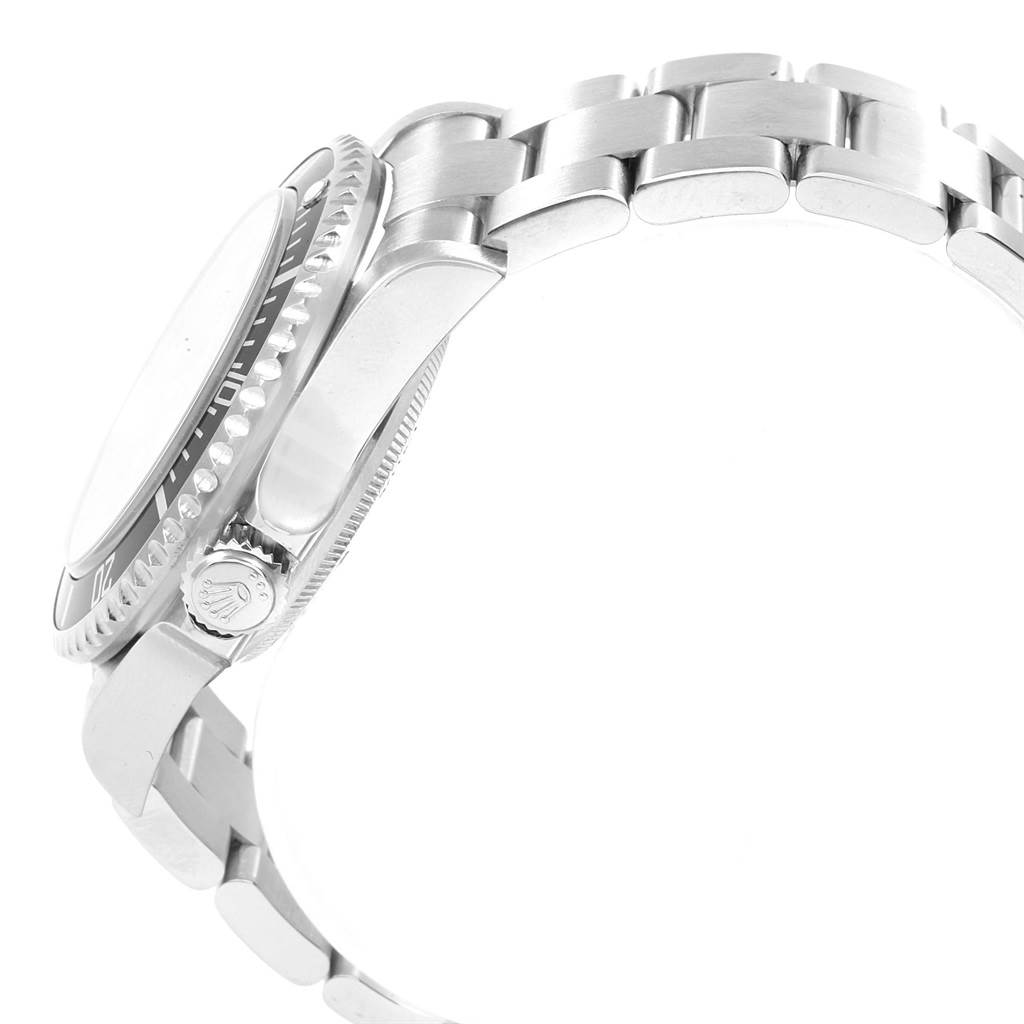 The image shows a side view of a Rolex Sea-Dweller 16600 Men
s Stainless Steel Black Dial 16600 Men
s Stainless Steel Black Dial watch, focusing on the case, bezel, bracelet, and crown.